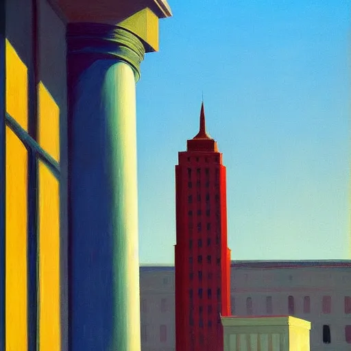 Prompt: painting of a lone man in front of a tall building. by edward hopper and james gilleard