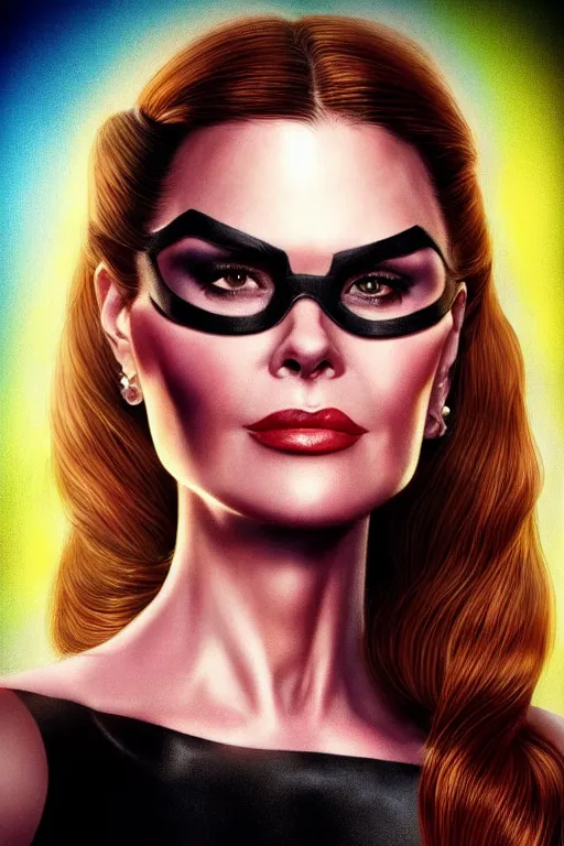 Image similar to portrait of a mix of beautiful young maria shriver, mariel hemmingway, brooke shields, nicole kidman and elle macpherson as catwoman, thin lips, hair tied up in a pony tail, colorful artstation, cgsociety