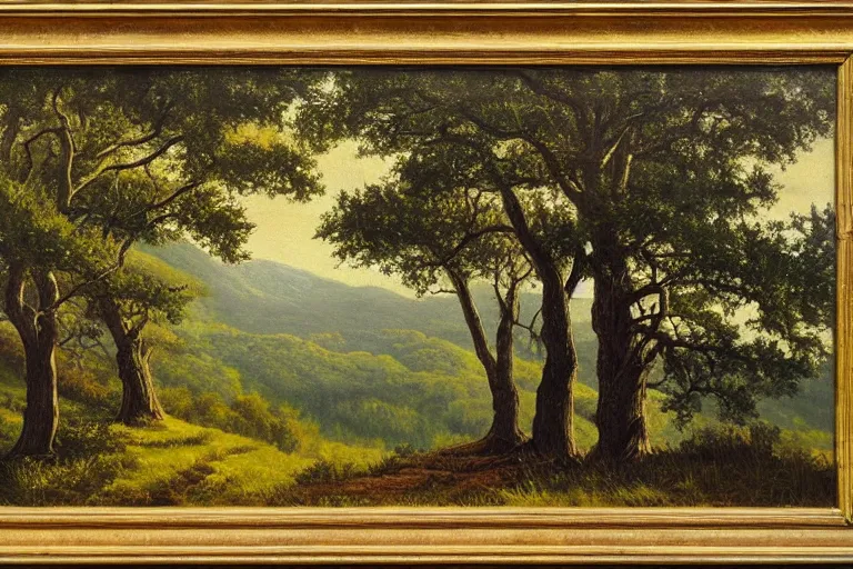 Image similar to masterpiece painting of oak trees on a hillside overlooking a creek, dramatic lighting, by a. y. jackson