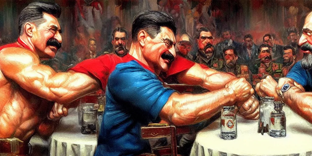Image similar to arm wrestling between ( ( vladimir putin ) ) and ( ( iosif stalin ) ), hyperrealistic, digital concept art, caricature illustration, art by gaston bussiere