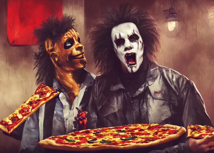 Prompt: portrait painting of Michael Myers and Glamrock Freddy from Five Nights at Freddy eating a delicious pizza, tables, happy, charming, typical, picturesque, sharp focus, wide shot, trending on ArtStation, masterpiece, by Greg Rutkowski, by Ross Tran, by Fenghua Zhong, octane, soft render, oil on canvas, colorful, cinematic, environmental concept art