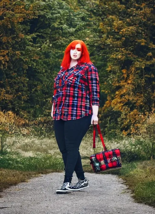 Image similar to photograp of a plus-size redhead woman wearing jeans, black converse shoes, and a red tartan shirt