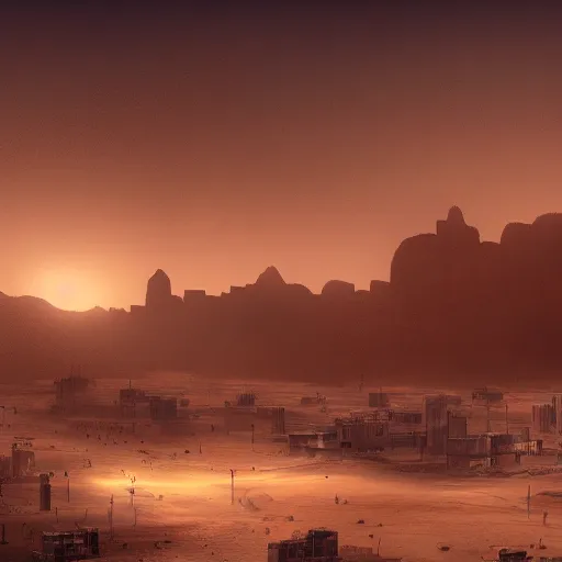 Image similar to A city in the middle of a desert, with a huge sandstorm, in the distance, digital painting, concept art, cityscape, volumetric lighting, light rays, Unreal Engine, 4k, by Barret Frymire