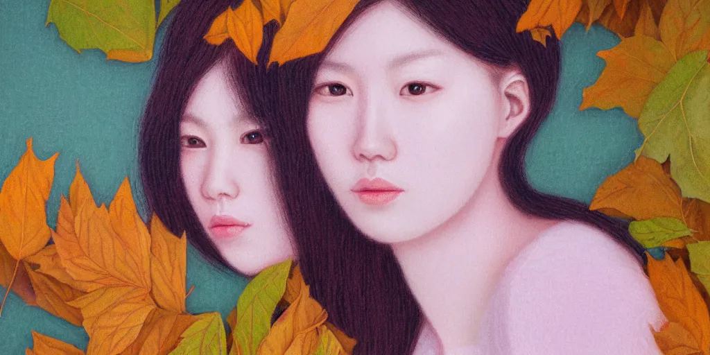 Prompt: detailed pastel colors portrait of a woman made of autumn leaves, by hsiao - ron cheng, fine detail, 8 k