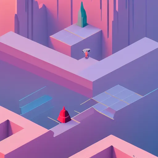 Prompt: stunning minimalist isometric view of a Liminal space in outer space, in the style of Monument Valley, within a vast cave, spiralling waterfalls and beautiful plants