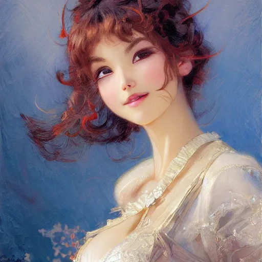 Prompt: a high fashion studio very stunning portrait of a beautiful anime girl, smile, detailed painting by gaston bussiere, craig mullins, j. c. leyendecker