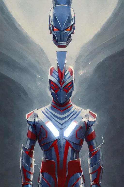 Image similar to poster of a ultraman with japanese armor and helmet, symmetrical, art by greg rutkowski, matte painting, trending on artstation