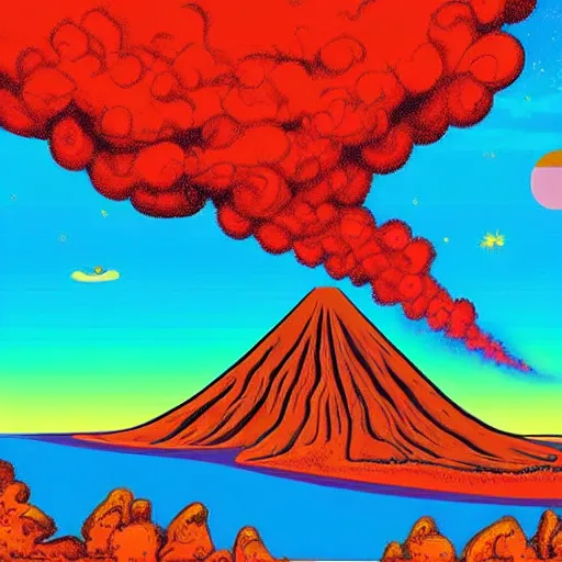 Prompt: Beautiful landscape with volcanos with blue lava and flying monsters