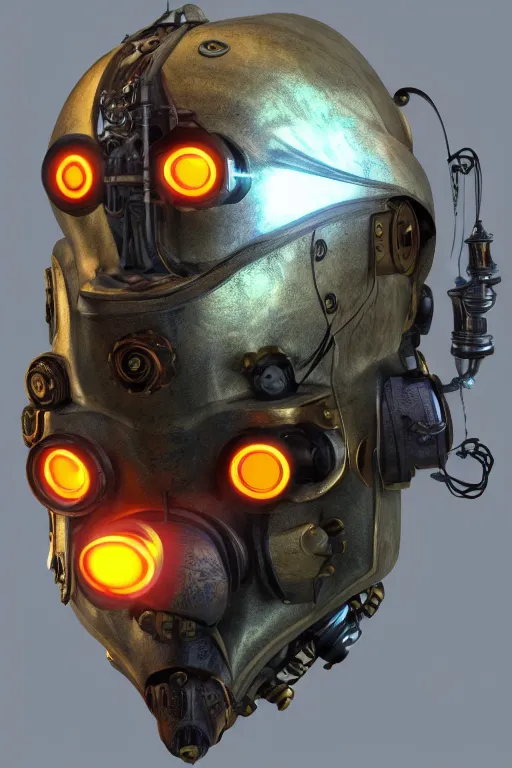 Image similar to steampunk mask minimalist fantasy art robot ninja helmet, global illumination ray tracing hdr fanart arstation by sung choi and eric pfeiffer and gabriel garza and casper konefal radiating a glowing aura