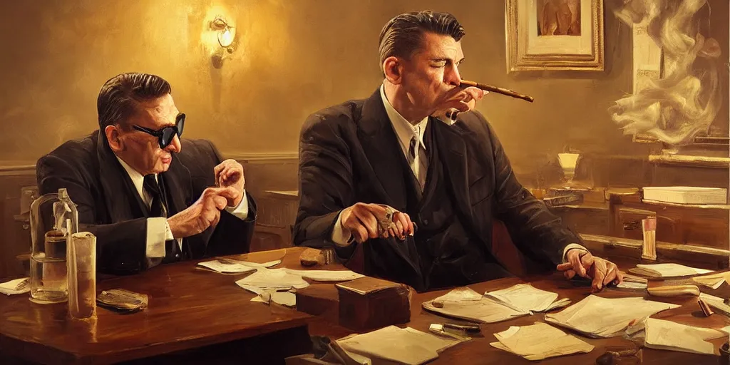 Prompt: beautiful oil matte portrait painting, mafia boss smoking a cigar at his 5 0 s new york office desk, wonderful masterpiece highly detailed, beautiful cinematic light deep focus, elegant, digital painting, smooth, sharp focus, golden ratio, dramatic illumination, ultra realistic, 8 k, art by jimmy law