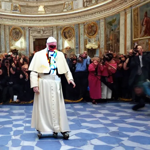 Prompt: a photo of the pope on roller skates in the vatican