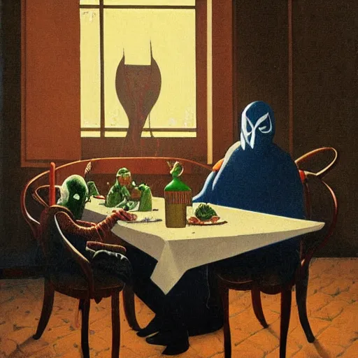 Prompt: Mysterio eating dinner with Spider-Man, artwork by Franz Sedlacek,