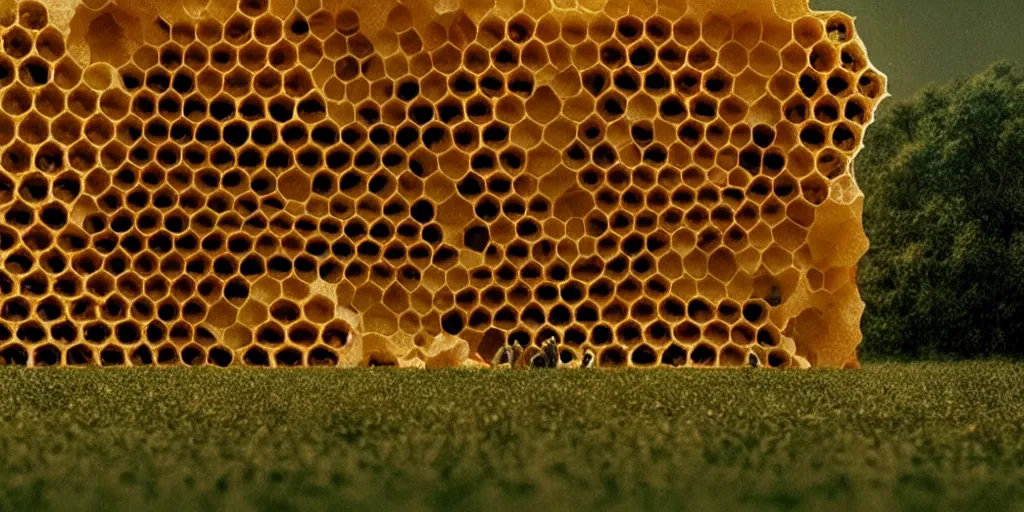 Image similar to real honeycomb organic building with dripping honey by tomas gabzdil libertiny sitting on the field, film still from the movie directed by denis villeneuve arrival movie aesthetic with art direction by zdzisław beksinski, telephoto lens, shallow depth of field