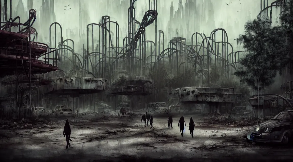 Image similar to post apocalyptic theme park park, human silhouettes walking, morning, avenue, modern contemporary urban americana concrete architecture, by pascal blanche, neil blevins, apocalyptic color palette, trending on artstation, photorealistic, wilderness ambiance, ultra detailed, high definition, depth of field, bokeh, rubble, wild vegetation, building crumbling,