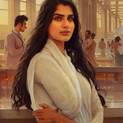 Image similar to Anxious good looking pale young Indian doctors wearing American clothes at the airport, portrait, elegant, intricate, digital painting, artstation, concept art, smooth, sharp focus, illustration, art by artgerm and greg rutkowski and alphonse mucha