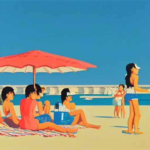 Prompt: a picnic on the beach by hiroshi nagai