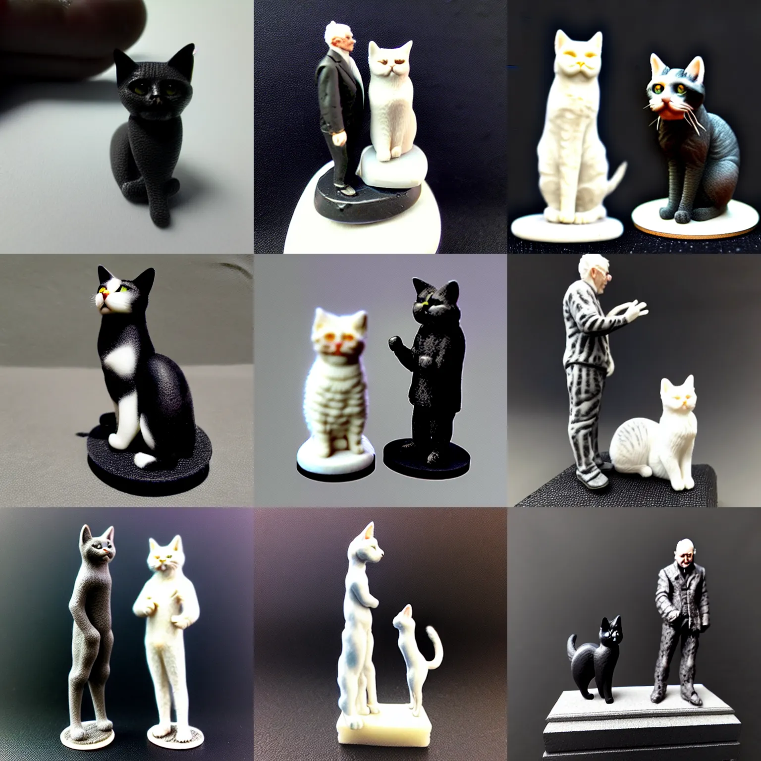Prompt: resin miniature - cat and man, tall airmchar, tenctacle, black and white
