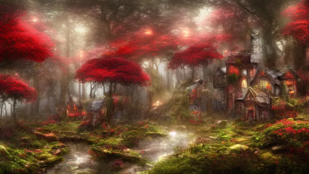 Image similar to fantasy multistorey red toadstool cottage growing in magical forest, foggy atmosphere, volumetric lighting, fantasy artwork, very beautiful scenery, very realistic painting effect, hd, hdr, cinematic 4k wallpaper, 8k, ultra detailed, high resolution