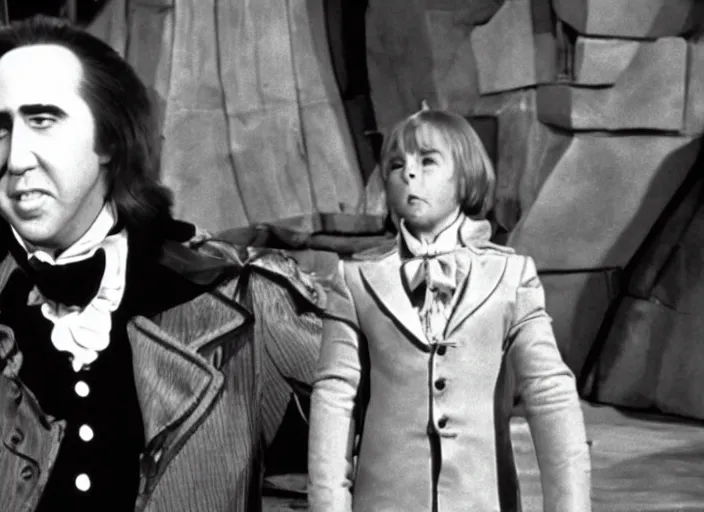 Image similar to film still of Nicolas Cage as Willy Wonka in Willy Wonka and the Chocolate Factory 1971