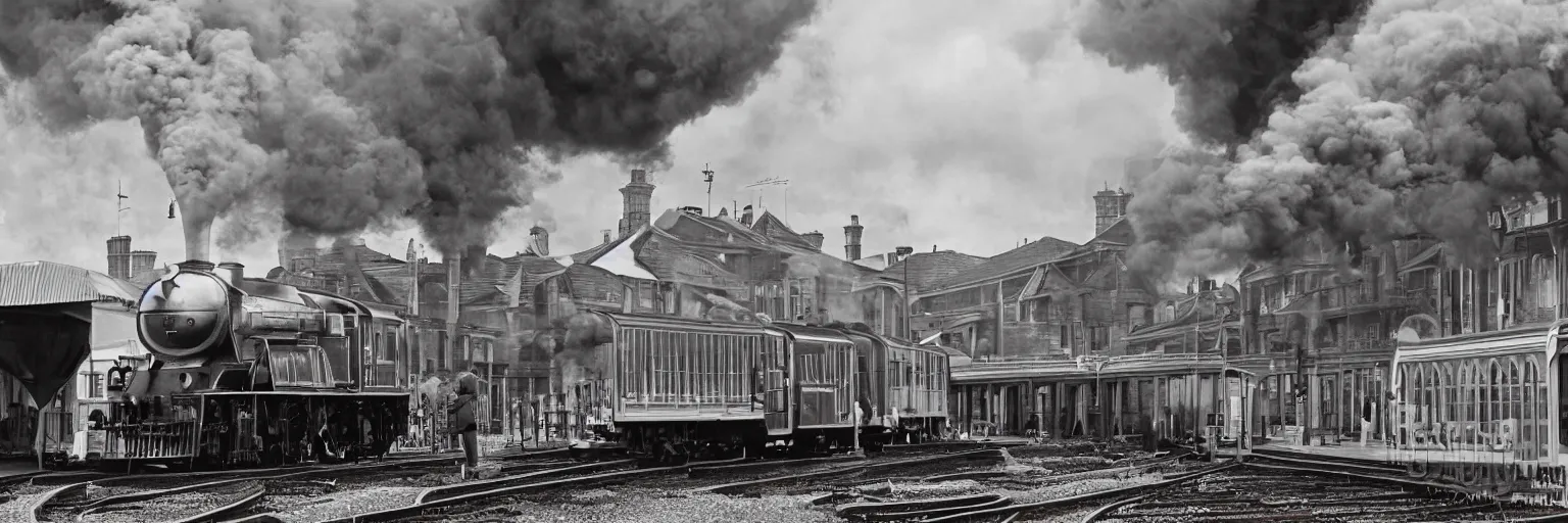 Prompt: victorian railway station with the orient express waiting to leave, smoke, atmospheric