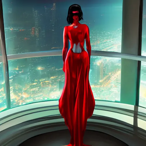 Image similar to cyberpunk girl wearing a red swirling dress, standing on an Imerovigli terrace looking down into the ocean, trending on artstation, cinematic lighting