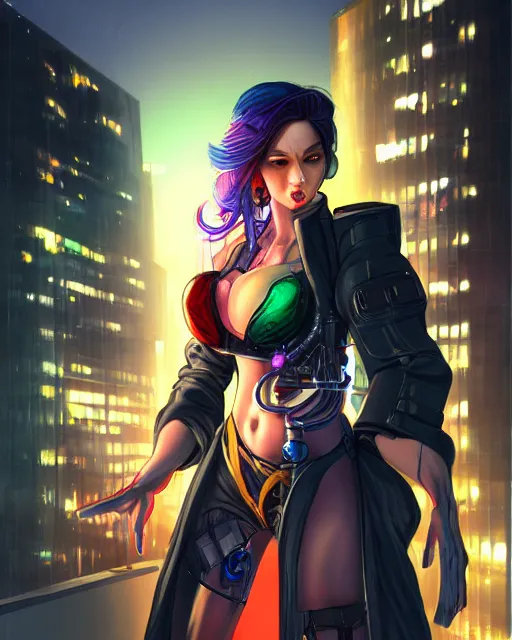 Image similar to photorealistic character portrait of a beautiful half cyborg woman with a mischievous look, the half cyborg woman is wearing a long trench coat, in a night rooftop scene, character portrait in the style of Artgerm and NeoArtCorE, colorful night rooftop scene by Liam Wong