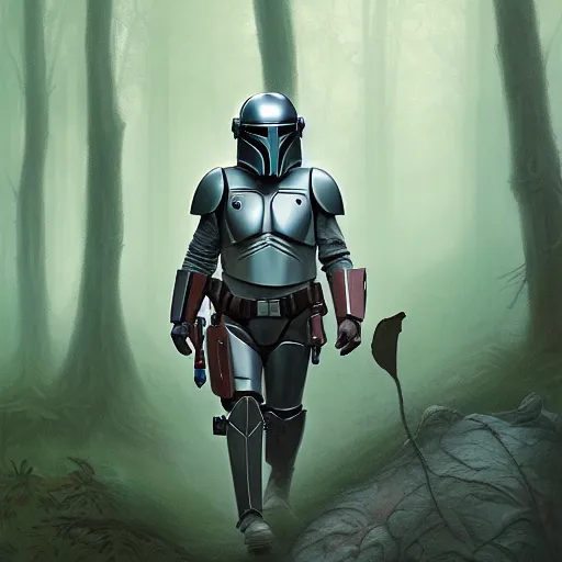 Image similar to the mandolorian walking in a dense forest with a foggy overcast by charles vess and james jean and erik jones and rhads, inspired by star wars, intricate high details, sharp, ultradetailed, unreal 5, hyper realistic