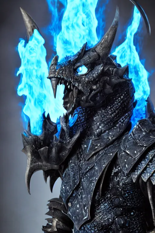 Prompt: a dark blue dragonborn with large tusks, half of his face flaming with blue flame, he wears a black dragon scales armor, studio shot