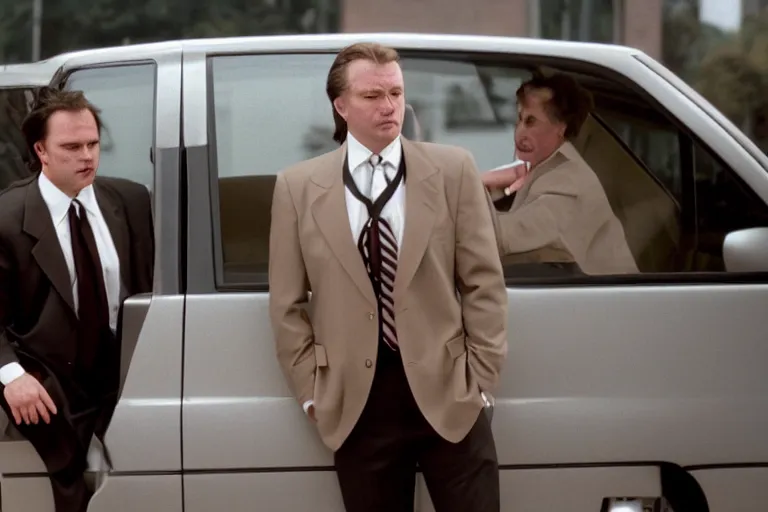 Image similar to cinematic still of portly clean-shaven white man wearing suit and necktie and short curly blond hair as car salesman in 1994 film, XF IQ4, f/1.4, ISO 200, 1/160s, 8K, RAW, dramatic lighting, symmetrical balance, in-frame