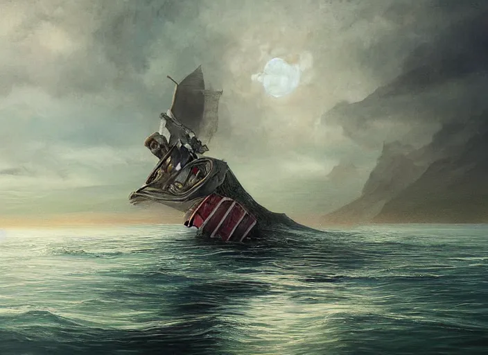 Prompt: a boat floating on top of a body of water, a detailed painting by nina tryggvadottir, cgsociety, fantasy art, detailed painting, nightmare, cosmic horror