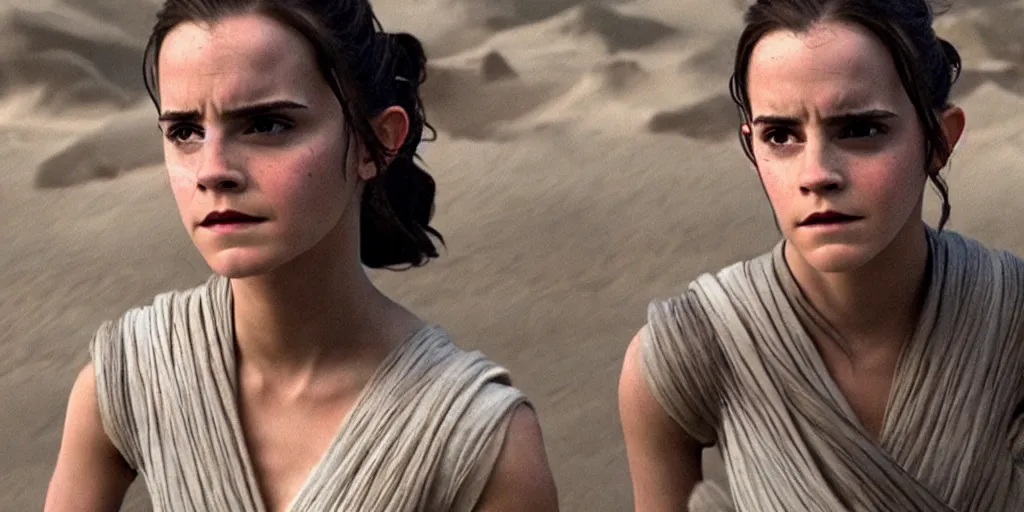 Image similar to emma watson as rey in the new star wars movie, cinematic, detailed