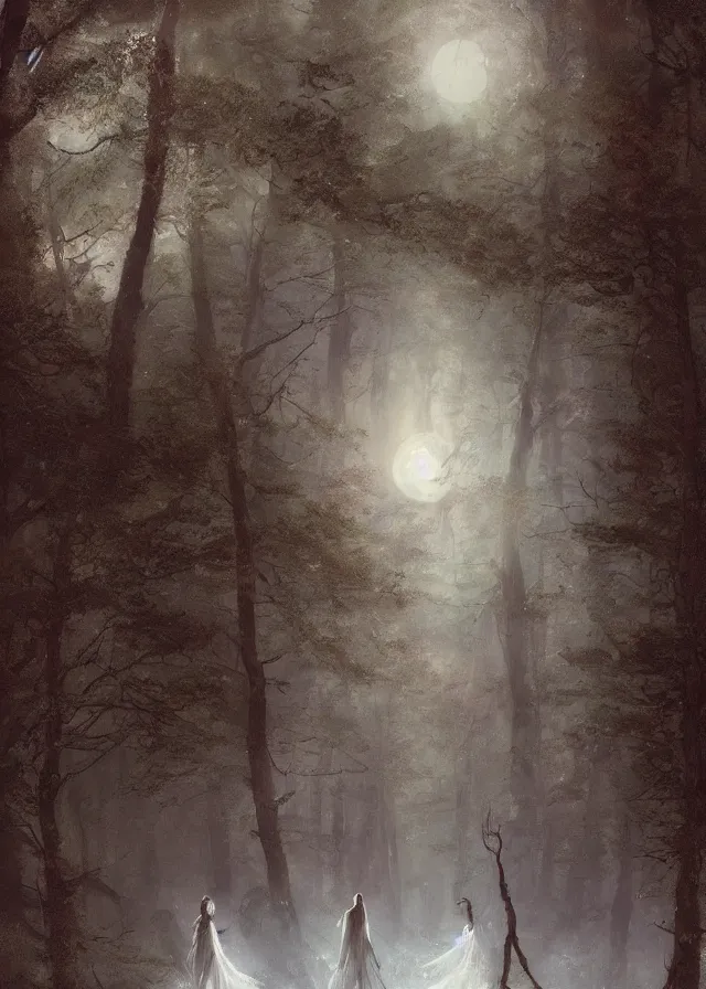 Prompt: the twilight dance of the fae by aleksi briclot, greg rutkowski and ivan aivazovsky, dancers in white lit only by the moon, contemporary dance on the forest floor, contemporary dance, volumetric, atmospheric, watercolor, surrealist, artstation, artgerm, concept art