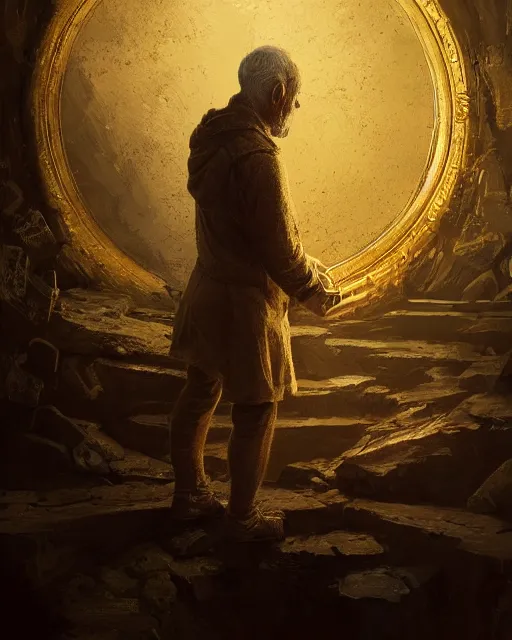 Image similar to An old man looking into a golden mirror, highly detailed, fantasy art, in the style of greg rutkowski, illustration, epic, fantasy, intricate, hyper detailed, artstation, concept art, smooth, sharp focus, ray tracing