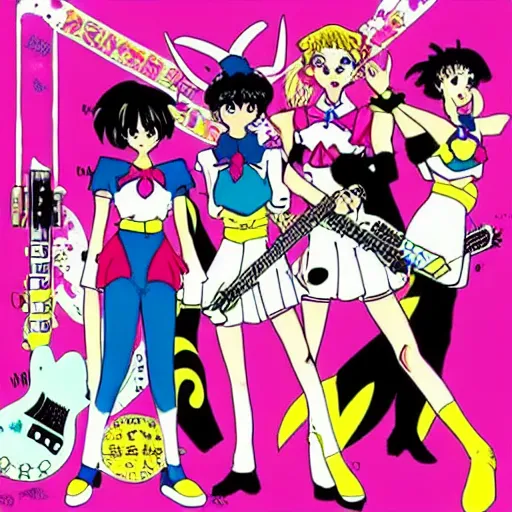 Prompt: “Sailor Scouts as a punk band, 1980s anime, Miyazaki”