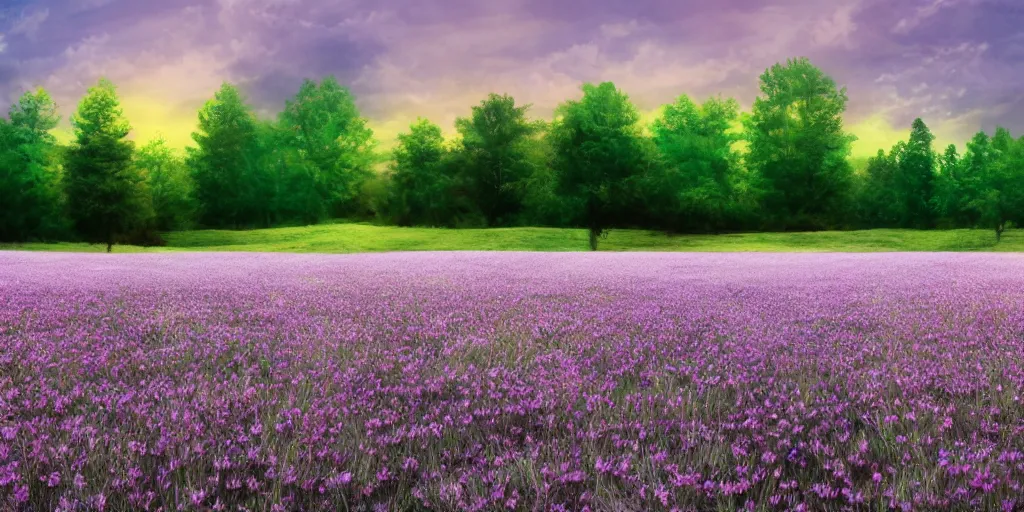 Prompt: field of green daisies, purple sky in background, matte painting