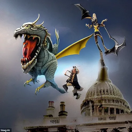 Image similar to a viking flies aboard a dragon over the white house, in his hands he holds the severed head of donald trump