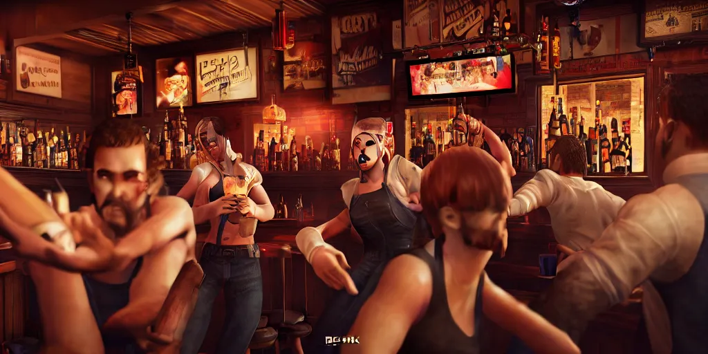 Prompt: a photo of a bar fight inside a pub between cosplayers, leica, detailed faces, accurate faces, 4k, 3D render, hyperrealism, editorial, photorealistic, crisp details, sharp focus, wide angle lens, octane render, caustics