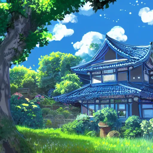 Image similar to a house with a beautiful garden and a blue sky with clouds in anime style, in the style of Lampbo Chun on ArtStation and Son Rice on ArtStation, 4k,