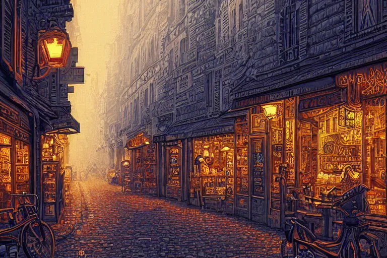 Image similar to a city street in paris under the dark sun, beautiful detailed pixelart by albertov, intricate details, beautiful, dithered gradients, volumetric lighting, cgsociety, artstation, smooth, sharp focus, 2 d illustration, amazing art by dan mumford