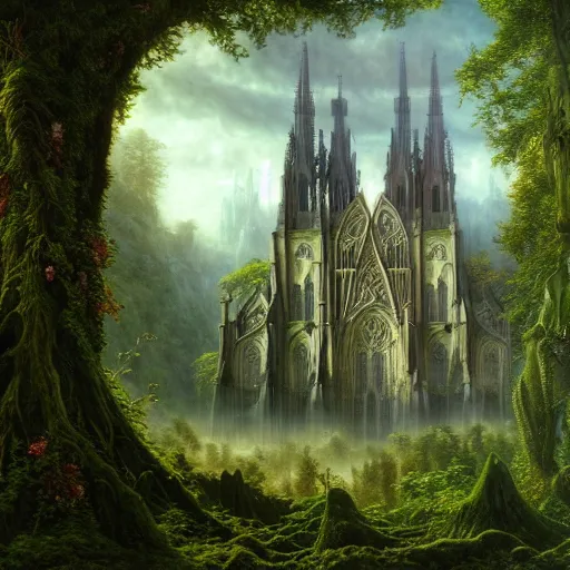 Prompt: a beautiful and highly detailed matte painting of a beautiful cathedral in a magical fantasy forest, otherworldly trees and plants and flowers, celtic vegetation, epic scale, insanely complex, hyperdetailed, sharp focus, hyperrealism, artstation, cgsociety, 8 k, bright colors, by caspar friedrich, albert bierstadt, james gurney, brian froud,