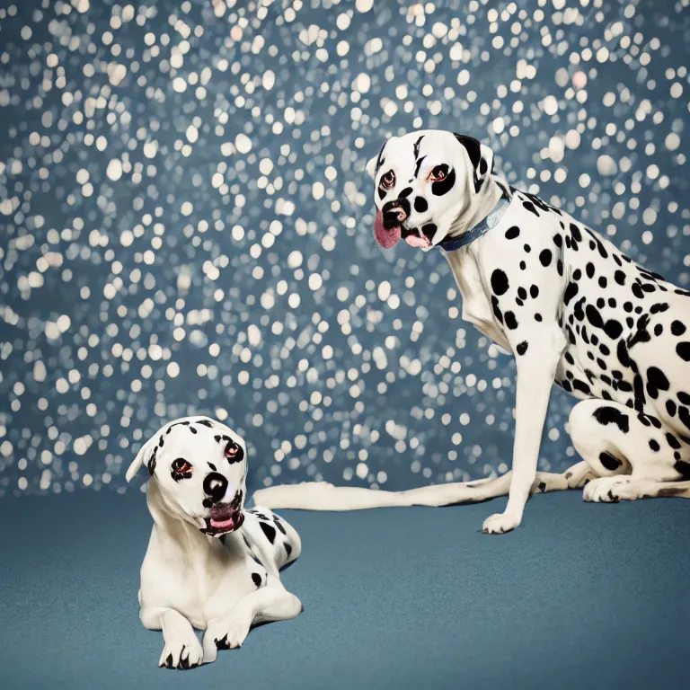 Image similar to vogue photoshoot octane render portrait of 1 0 1 dalmatian with white background, focus bright colorful pastel exotic vintage boutique hotel lounge, very short depth of field, bokeh