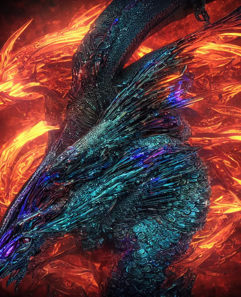 Image similar to close-up macro portrait of the dark queen, epic angle, epic pose, symmetrical artwork, photorealistic, iridescent, 3d with depth of field, blurred background. cybernetic phoenix bird, translucent dragon, nautilus. energy flows of water and fire. a highly detailed epic cinematic concept art CG render. made in Maya, Blender and Photoshop, octane render, excellent composition, cinematic dystopian brutalist atmosphere, dynamic dramatic cinematic lighting, aesthetic, very inspirational, arthouse