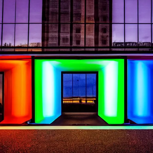 Image similar to a colour Polaroid photo of a side profile free standing illuminated escalator with iridescent Perspex panels in a field, nostalgic