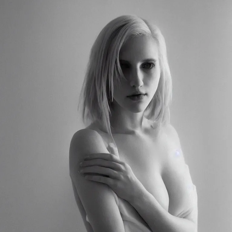 Image similar to cute annie leonhart in a white room, beautiful face, pale skin, rule of thirds, cinematic lighting, rainy weather, melancholy atmosphere, sharp focus, backlit, stunning, model agency, smooth, hard focus, full body shot, instagram photo, shot on iphone 1 3 pro max, hyper realistic,