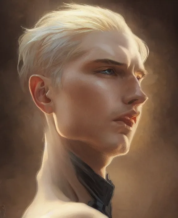 Image similar to portrait close up of young guy, concentrated look at the camera, symmetry, d & d, fantasy, intricate, elegant, highly detailed, digital painting, artstation, concept art, art by artgerm and greg rutkowski and alphonse mucha, boris vallejo