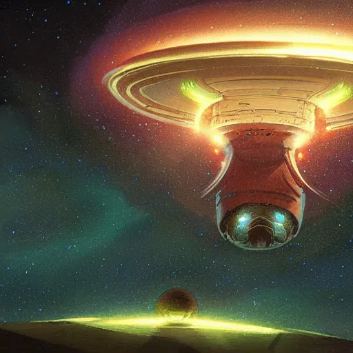 Prompt: glowing ufo inspired by René Laloux, Dan Mumford, Greg Rutkowski, stars, space cinematic