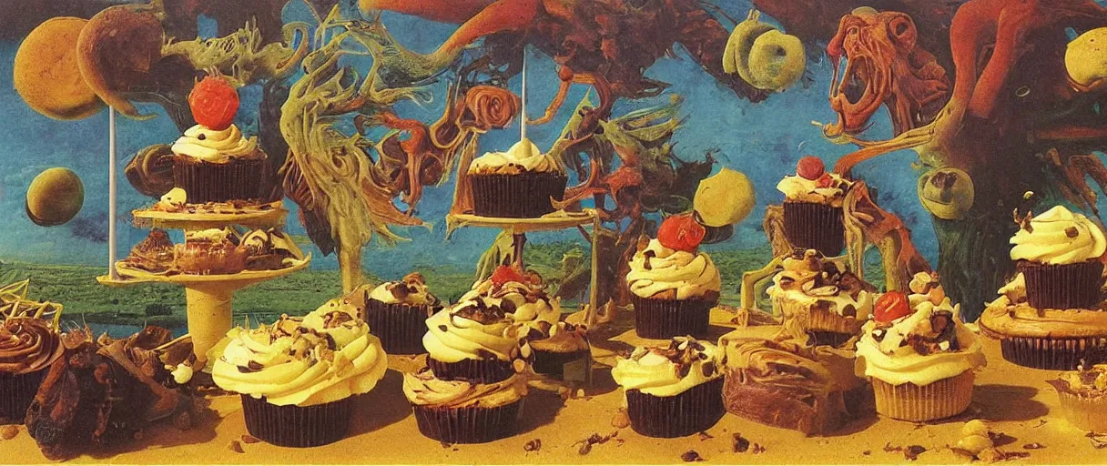 Prompt: surrealist pastry desserts, cupcake, layer cake, pies by max ernst in a california desert landscape