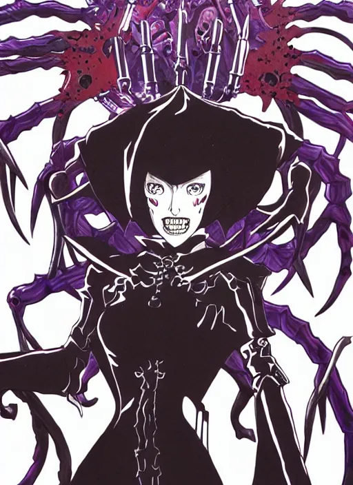 Prompt: shin megami tensei art of a demon called margaret thatcher, art by kazuma kaneko, demonic! compedium!, digital drawing, law - alligned, white background, high quality, highly detailed