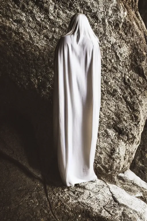 Image similar to a full body back samarai cloaked in white with white long hair, standing in light beam of a dark cave, high quality, ultra detail, wide view