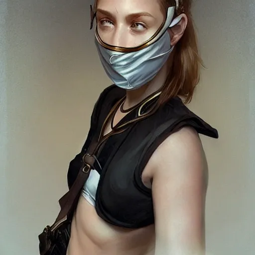 Image similar to 1 5 year old white girl with a white shirt that has one shoulder visible, wears black sports shorts and a golden mask on her face, intricate, highly detailed, digital painting, artstation, concept art, smooth, sharp focus, illustration, unreal engine 5, 8 k, art by artgerm and greg rutkowski and alphonse mucha